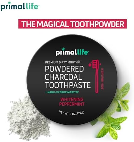 Primal Life Organics - Dirty Mouth Toothpowder, Activated Charcoal Tooth Cleaning Powder, Essential Oils with Kaolin & Bentonite Clay, Good for 200+ Brushings, Organic, Vegan (Black Peppermint, 1 oz)