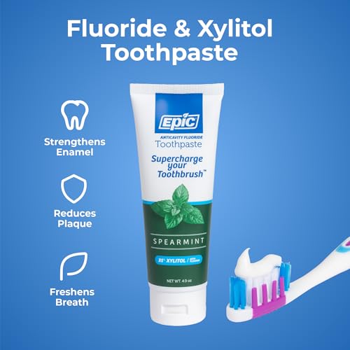Epic Fluoride & Xylitol Toothpaste for Adults - 31% Xylitol for Clean Teeth - SLS Free Toothpaste with Fluoride for Oral Care - Spearmint Flavored, 4.9oz Tube (Pack of 2)