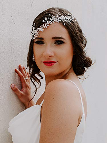 SWEETV Crystal Bridal Headpiece Silver Wedding Headband for Brides Pearl Hair Vine Rhinestone Hair Accessories for Women