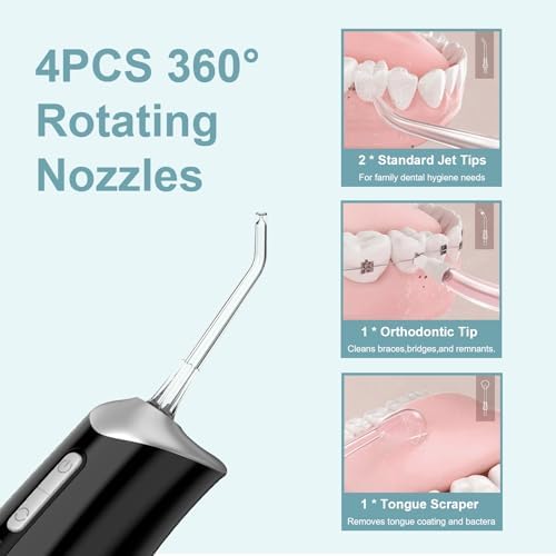 Nicefeel Water Dental Flosser Pick for Teeth 3 Modes Cordless Portable Water Teeth Cleaner Ipx7 Waterproof Oral Irrigator 300ml Tank Water Teeth Cleaner Rechargeable Flossing (Black, 4 Modes)