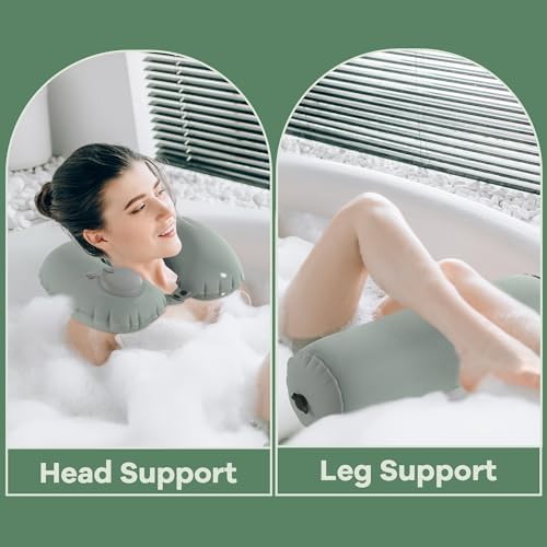 MABOZOO U-Shaped Full Body Bath Pillow for Tub 2 Pcs Inflatable Bathtub Bath Pillows with Adjustable Button for Shower, Neck Support Headrest & Leg Pillow for Relaxation Spa Soak in Bathtub