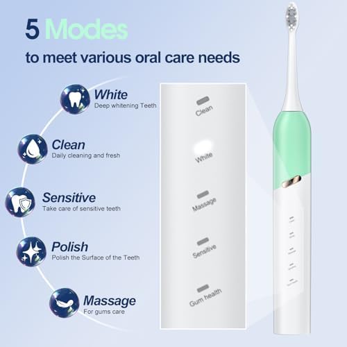 Electric Toothbrush for Adults, 5 Modes Sonic Toothbrush with 4 Brush Heads, 50000 VPM Deep Clean, 100-Day Battery Life, IPX7 Waterproof Rechargeable Toothbrushes Built-in Smart Timer, Green