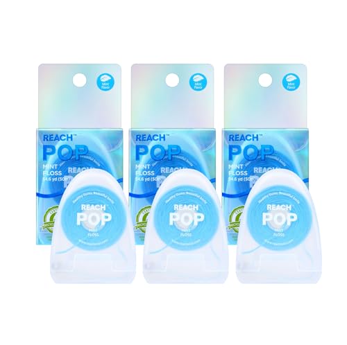 REACH POP Dental Floss, Mint, Plaque Remover for Teeth, Shred Resistant, Vegan Wax, Cruelty Free, Eco Friendly Packaging, Oral Care, PFAS Free, for Adults & Kids, 3 Pack, 54.6 yd