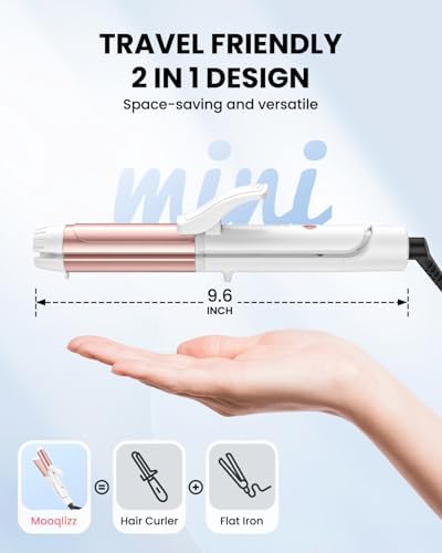 Dual Voltage Curling Iron, Mini Travel Size Curling Iron for European, 1 1/4 Inch Ceramic Plates Hair Straightener with Adjustable Temperature, European Plug Included