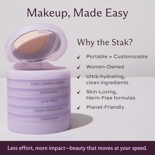 Subtl Staks 6-in-1 Stackable Travel Makeup Kit by Subtl Beauty - New Lip Glaze, Eyeshadow, Highlighter, Lip + Cheek, Blush, Shine Control - Includes Mirror & Brush - Compact Makeup for On the Go
