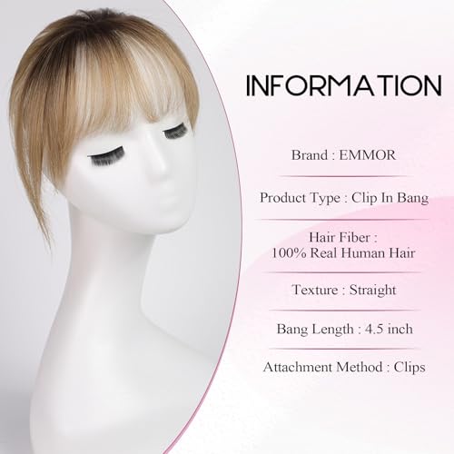 EMMOR Clip in Bangs, 100% Human Hair Bangs with 3 Non-slip Clips, 360°Cover Top HairPieces with 5 inch Wispy Fringes for enhancing Women's Facial Features(Ombre Ash Blonde)