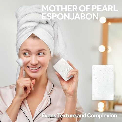 T.Taio Esponjabon Mother of Pearl Soap Sponge - Revitalizing Shower Scrubber for Bath Wash & Oil Removal - Bathroom Essentials with Fresh Scents - Pearl with Mini