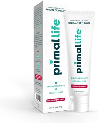 Primal Life Organics Premium Dirty Mouth Mineral Toothpaste - Nano-Hydroxyapatite, Colloidal Silver, Charcoal - Organic, All Natural Whitening Formula (Peppermint Flavor, 4 Oz)