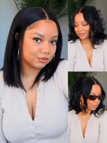 Nadula Yaki Straight Bob Drawstring Wig Human Hair Glueless Pre Cut 7x5 HD Bye Bye Knots Lace Front Wigs Human Hair Pre Plucked Invisible Knots Ready to Go Short Yaki Bob Wigs 150% Density 12inch
