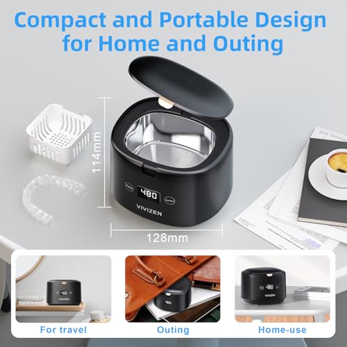 Ultrasonic Retainer Cleaner Machine Sonic Dental Cleaning Machine for Dentures, Aligners, Braces, Mouth Guards, Jewelry, Portable 30W/45kHz (Black)