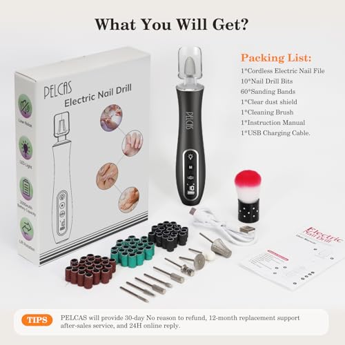 PELCAS Electric Nail Drills, Professional Cordless Nail File Kit with Light, 10 Speeds Manicure & Pedicure Kit for Human, Pet, Thick Toenails, Natural & Acrylic Nails Grey