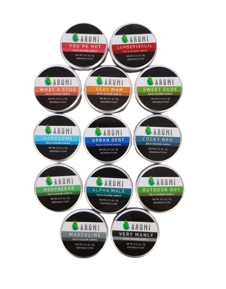 Aromi Handmade Men's Solid Cologne Set with 13 Samples, Long Lasting Vegan Fragrance for Day, Night, Wax Perfume, Gift, Travel,