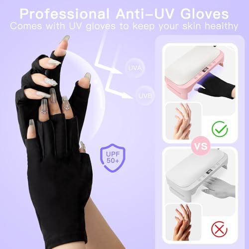 UV Nail Lamp with Arm Rest & UV Gloves, Professional LED Nail Light for Gel Nails Polish, 4 Timers Foldable Nail Dryer with Hand Rest for Nails Tech Manicure Salon Home Use Pink