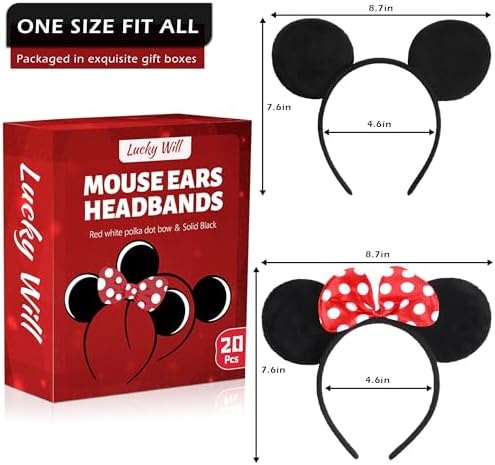 Lucky Will 20 Pack Mouse Ears Headband Classic Solid Black and Red Bow Ears Headbands Bulk for Kids and Adults - Boys & Girls Mouse Themed Birthday Party Supplies