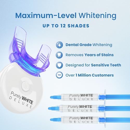 PurelyWHITE DELUXE Teeth Whitening Kit, Complete LED Teeth Whitening, 15+ Treatments, (3) 3ml Whitening Gel Syringes, Whiter Smile in 7 Minutes