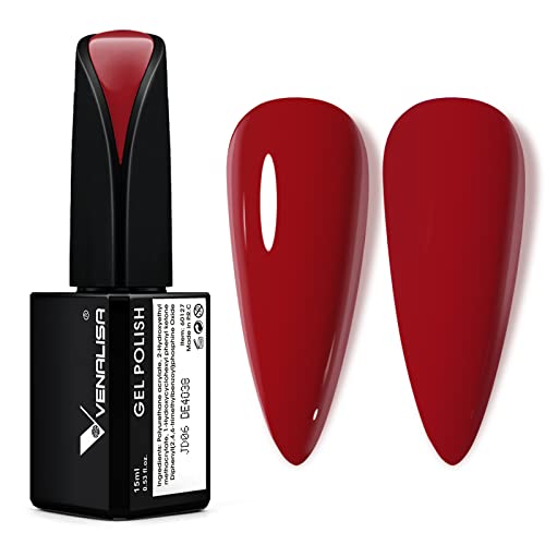 VENALISA 15ml Red Gel Nail Polish, Red Gel Polish Bright Red Color Soak Off UV LED Nail Gel Polish Nail Art Starter Manicure Salon DIY at Home, 0.53 OZ