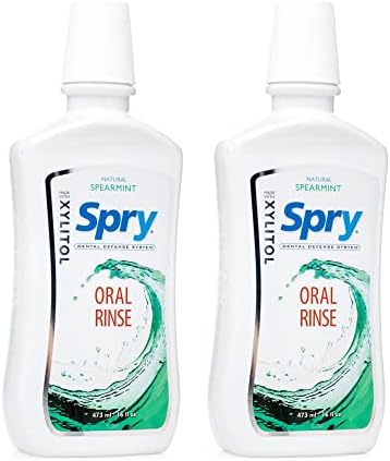 Spry Natural Xylitol Mouthwash Fluoride Free with Enamel Support, Gentle Alcohol Oral Rinse, Non-GMO, Spearmint - 16 fl oz (Pack of 2)