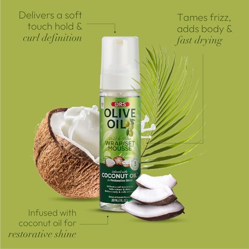 ORS Olive Oil Hold & Shine Wrap Set Mousse Infused with Coconut Oil for Restorative Shine 7 Ounce (Pack of 2)