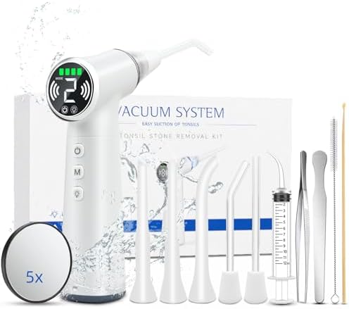 Upgraded Tonsil Stone Remover Tool with Silicone & Glass Probes, 11 in 1 Rechargeable Electronic Tonsil Stone Vacuum with Built-in LED Light, Fight Bad Breath Instant Suction