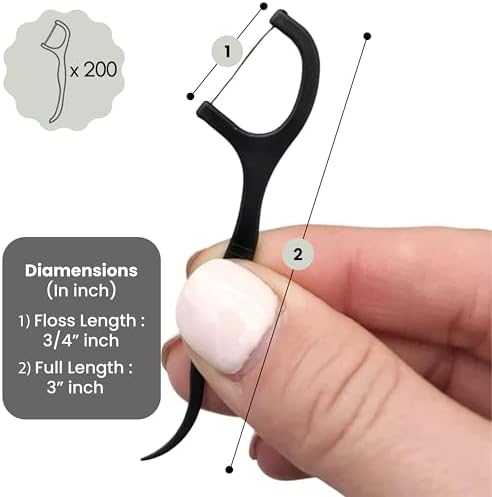 Vegan Biodegradable Dental Floss Picks (200 Count) - Natural | Sustainable | Eco-Friendly | Charcoal Dental Flossers for a Zero Waste Oral Care (3 Inch)