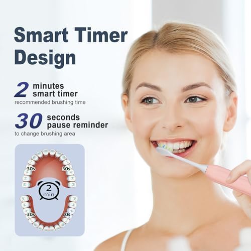 7AM2M Sonic Electric Toothbrush for Adults and Kids, with 8 Brush Heads and Travel Case,5 Modes with 2 Minutes Build in Smart Timer, One Charge Use for 90 Days, Rechargeable Toothbrushes(Pink)
