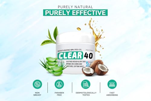 CLEAR 40 Urea Cream 40 Percent for Feet Maximum Strength (4oz) | Softens Cracked Heels & Dry Skin Urea Cream 40 Percent - Tea Tree & Coconut Oil | Callus & Corn Treatment | Made in USA