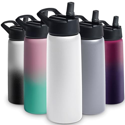 FineDine Triple Walled, Insulated Water Bottles with Straw - 25 Oz Stainless Steel Metal Bottle W/ 3 Leak Proof Lids - For Travel, School, Sports, Gym/Men, Women & Kids - Pure Pearly White