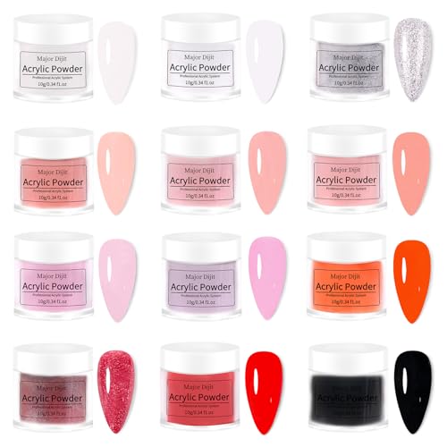 Major Dijit Complete Acrylic Nail Starter Kit with LED Lamp, 12 Colors Powder & Liquid, Base/Top Coat, Primer, Electric Drill – DIY Nail Art Tools for Home & Salon