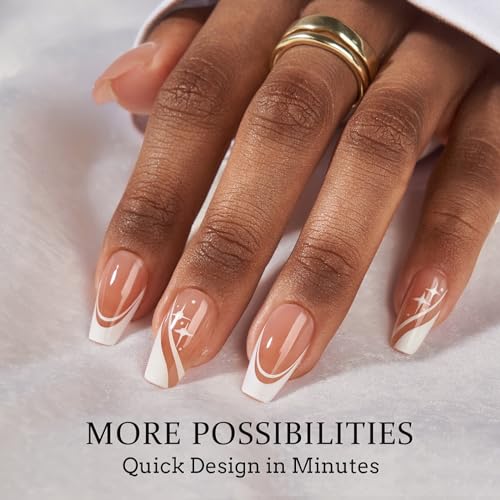 BTArtbox French Tip Press on Nails - 5 Styles XCOATTIPS Short Coffin Nails, Pre-Designed Swirl Soft Gel Nail Tips, Ultra Fit False Nails, Soak Off Acrylic Fake Nails Extensions for Nail Art