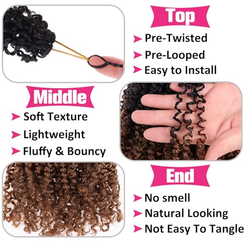 Unionbeauty 8 Inch Pre-looped Yanky Twist Crochet Hair 8Packs 30 Strands/PCS Pre-twisted Passion Twist Crochet Hair Micro Spring Twist Crochet Hair Ombre Brown Synthetic Crochet Hair Extensions 1B/30#
