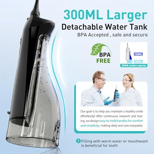 COSLUS Water Dental Flosser Teeth Pick: Portable Cordless Oral Irrigator 300ML Rechargeable Travel Irrigation Cleaner IPX7 Waterproof Electric Flossing Machine for Teeth Cleaning C20(F5020E)