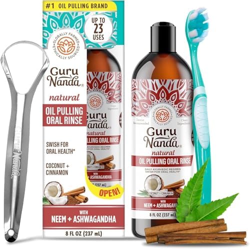 GuruNanda Ashwagandha Oil Pulling Mouthwash, Promotes Calmness, With Neem & Roman Chamomile for Fresh Breath & Happy Gums, Alcohol-Free, With Toothbrush & Tongue Scraper, 8 Oz