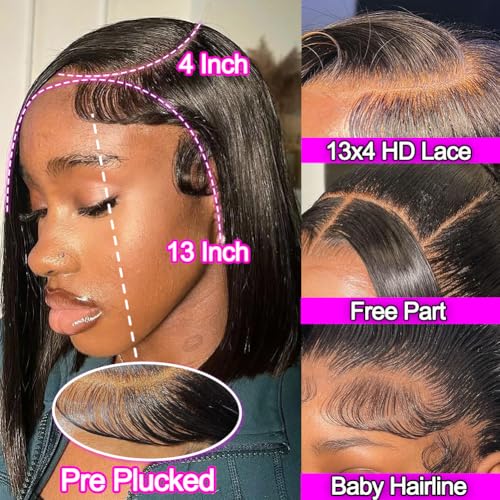 Short Bob Wig Human Hair Straight 13x4 Lace Front Wig Human Hair Bob Wigs for Black Women Glueless 180 Density Black Wig 12 Inch