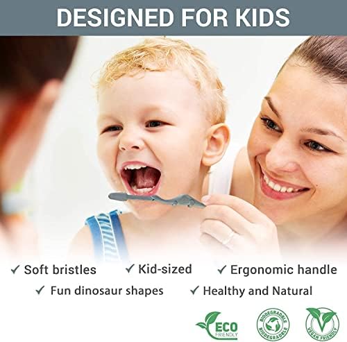 ROARex® All-Natural Eco Friendly Kids Toothbrush Made from Plants - Dinosaurs 4-36m - Baby to Toddler - Blue/Green - 4pk | 1% for The Planet Product