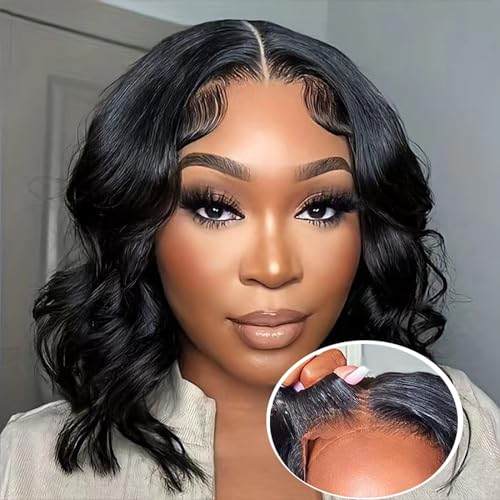 Wear and Go Glueless Bob Wig - Body Wave Lace Front Human Hair Wigs for Black Women - Pre Plucked and Pre Cut 4x4 Lace Closure - No Glue Needed for Beginners 12 Inch