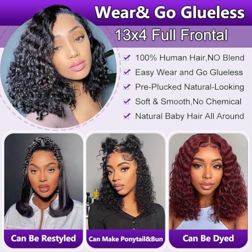 Sungirl Bob Wig Human Hair 13x4 Deep Wave Curly Lace Front Wigs For Women Short Bob Wig Pre Plucked with Baby Hair Glueless Hair Curly Wigs Nature Hairline 180% Density 10 Inch