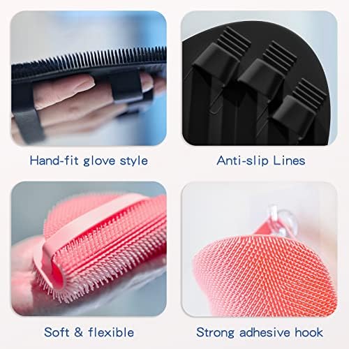 Manmihealth Silicone Back Scrubber & Soft Bath Glove, Silicone Scalp Massager Set 5 PCS, Super-Exfoliating Body Scrubber Shower Brush & Shampoo Brush Combination, with 2 Free Hooks (Style 1 Black)