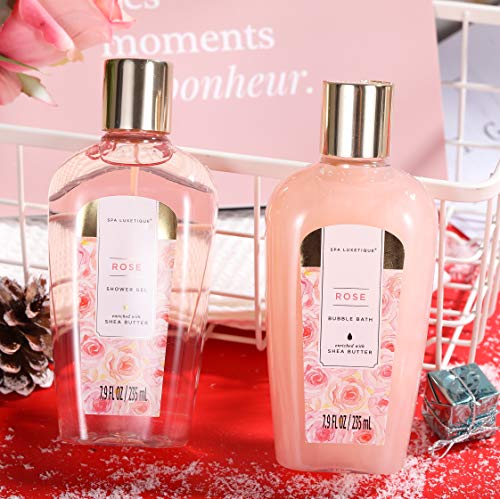 Spa Luxetique Spa Gift Set, Bath Gift Set for Women, 10 Pcs Rose Bath Set, Pink Tote Gift Bag with Shower Gel, Bubble Bath, Body Lotion, Hand Cream, Beauty Gifts for Women
