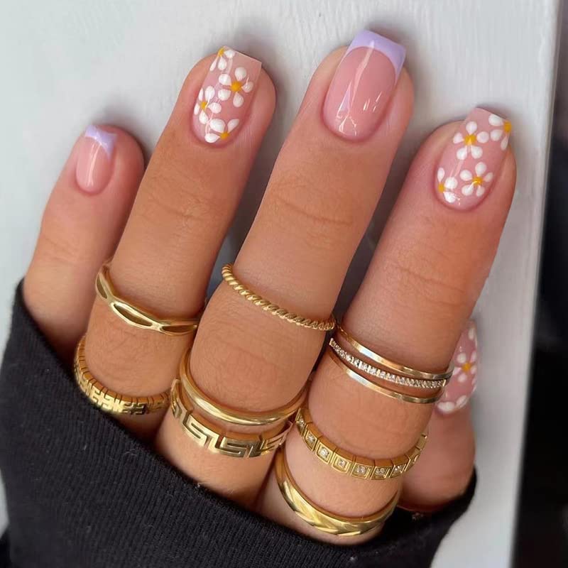 9 Packs (216 Pcs) Press on Nails Short, Jsiallye Flower Short Press on Nails Square, Swirl Press on Nails Almond, Gradient Glue on Nails for Girl Nail Art, 12 Size of Fake Nails - 9 Styles Nail Kits