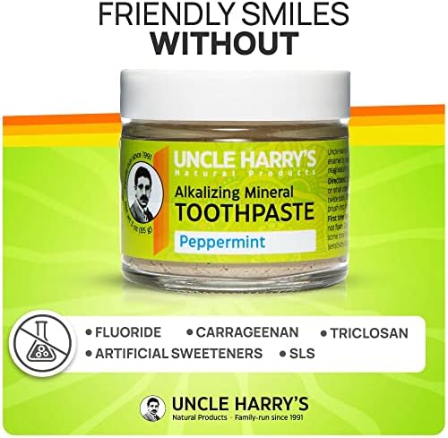 Uncle Harry's Natural & Fluoride-free Remineralizing Toothpaste - Freshens Breath & Strengthens Enamel - Peppermint (4 pack, 3 oz. jar)