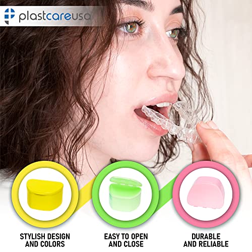 PlastCare USA Yellow Denture Cases Pack of 5 - Dental Box For Artificial Teeth, Mouth Guard, Night Guard, Gum Shields, Retainer - Denture Bath Container for Women and Men - Travel Denture Cup