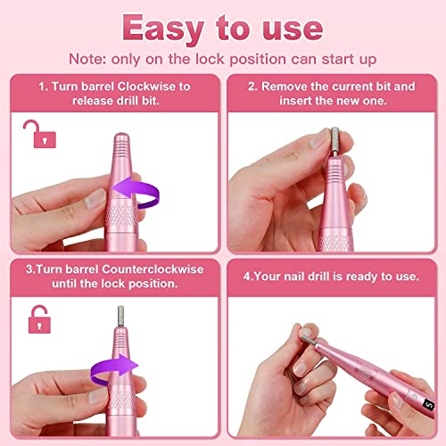 PELCAS Cordless Electric Nail Drill, Professional Portable Manicure Nail Drill Kit 20000RPM Rechargeable 5 Adjustable Speeds LCD Display 11 Attachments for Acrylic Nails, Polishing, Nail Art