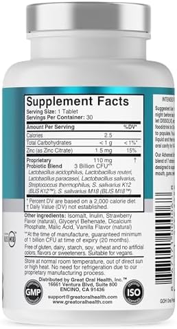 Oral Probiotics for Mouth Bad Breath Treatment for Kids Dental Care & Cavity Prevention with BLIS K12 M18 – Dr Formulated Dental Probiotics for Teeth and Gums, 30 Chewable Tablets Strawberry Vanilla