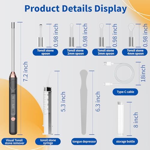 Tonsil Stone Remover with Camera，Tonsil Stone Removal Tool with LED Light，TonsilCleaner for Tonsil Stone Removal，Tonsillolith Removal Tool with 4 Head ，Attachments for iOS & Android