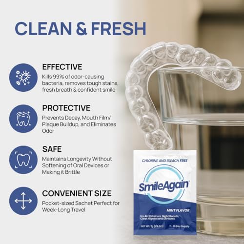 SmileAgain Retainer Cleaner - 180-220 Cleanings 22 Pack/6 Month Supply - for Clear Aligners, Dentures, Mouth Guards & Night Guards - Our Oral Appliance Cleaner & Denture Care Powder - Mint Flavored