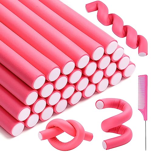 Selizo 30Pcs 9.45"x0.55" Flexible Hair Rollers, Foam Curlers for Short, Medium and Long Hair, No Heat Curlers, Hair Rods - Pink(Diameter 0.55')