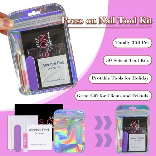 Press On Nail Tool Kit for Nail Business, Nail Prep Application Disposable Kit with Nail File, Nail Glue, Prep Pads, Instruction Card, Adhesive Nail Tabs, Wood Stick, Holographic Bag (50pcs in purple)