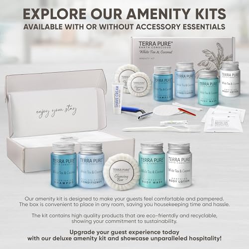 Terra Pure White Tea & Coconut Amenity & Accessory Kit |1oz Travel Size Shampoo, Conditioner, Lotion, Body Wash, 2 Cleansing Bars, Shave & Dental Sets, Make-Up Remover Wipes, & Vanity Kit | 60 Boxes