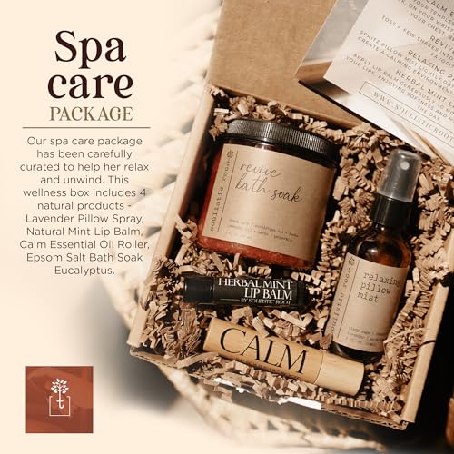 Spa Kit for Women – Relaxing Self Care Gift Set with Lavender Pillow Spray, Mint Lip Balm, Calm Essential Oil Roller & Epsom Salt Bath Soak – Luxury Pampering Package for Home & Bath