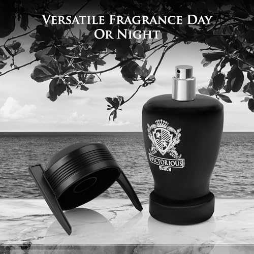 Victorious Black for Men Eau De Toilette 3.4 Fl Oz- Top Notes of Juicy Mandarin Orange & Grapefruit Blended with Sea Notes Base Notes of Ambergris, Guaiac Wood, Patchouli & Moss Elegant 100ml Bottle